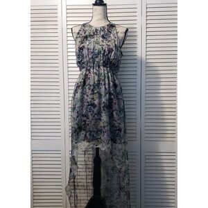 Zara Woman Sleeveless High-Low Dress Women's Large Green Floral Gathered Chiffon